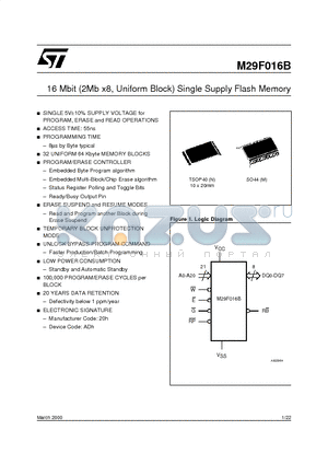 M29F016B90M3T datasheet - 16 Mbit 2Mb x8, Uniform Block Single Supply Flash Memory