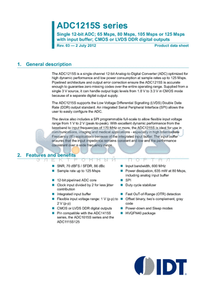 ADC1215S080HN-C1 datasheet - Single 12-bit ADC; 65 Msps, 80 Msps, 105 Msps or 125 Msps with input buffer; CMOS or LVDS DDR digital outputs