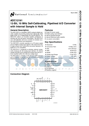ADC12191 datasheet - 12-Bit, 10 MHz Self-Calibrating, Pipelined A/D Converter with Internal Sample & Hold