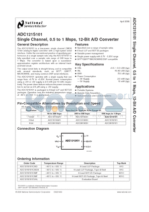 ADC121S101_06 datasheet - Single Channel, 0.5 to Msps, 12-Bit A/D Converter