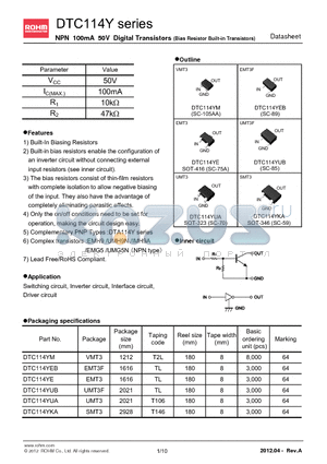 DTC114YKA datasheet - NPN 100mA 50V Digital Transistors (Bias Resistor Built-in Transistors)