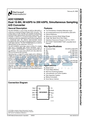 ADC122S625 datasheet - Dual 12-Bit, 50 kSPS to 200 kSPS, Simultaneous Sampling A/D Converter
