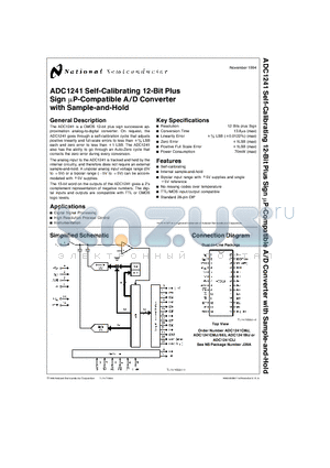 ADC1241 datasheet - Self-Calibrating 12-Bit Plus Sign mP-Compatible A/D Converter with Sample-and-Hold