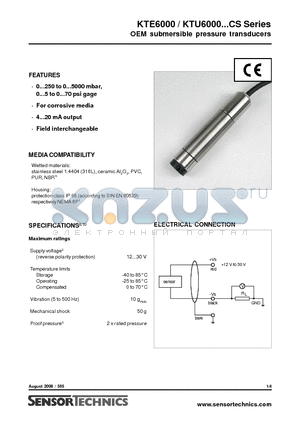 KTEM6010G4CXS datasheet - OEM submersible pressure transducers