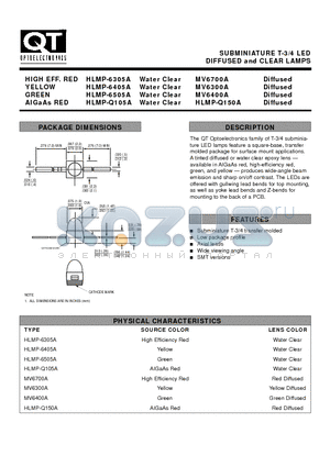 HLMP-6405A datasheet - SUBMINIATURE T-3/4 LED DIFFUSED and CLEAR LAMPS