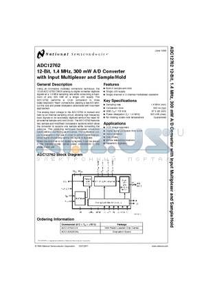 ADC12762CCV datasheet - 12-Bit, 1.4 MHz, 300 mW A/D Converter with Input Multiplexer and Sample/Hold