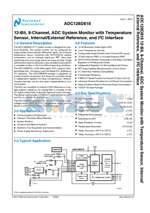 ADC128D818 datasheet - 12-Bit, 8-Channel, ADC System Monitor with Temperature Sensor, Internal/External Reference, and I2C Interface