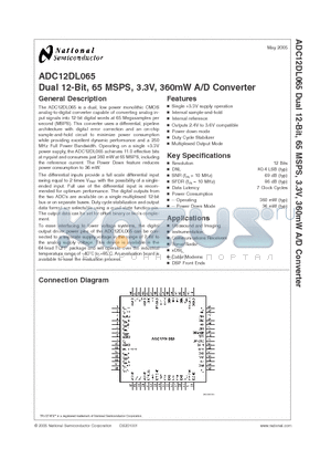 ADC12DL065 datasheet - Dual 12-Bit, 65 MSPS, 3.3V, 360mW A/D Converter
