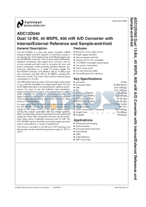 ADC12D040CIVS datasheet - Dual 12-Bit, 40 MSPS, 600 mW A/D Converter with Internal/External Reference and Sample-and-Hold
