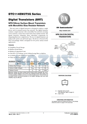 DTC115EM3T5G datasheet - Digital Transistors (BRT) NPN Silicon Surface Mount Transistors with Monolithic Bias Resistor Network