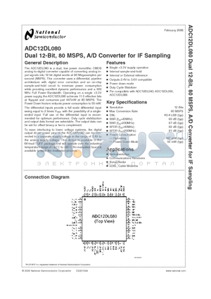 ADC12DL080CIVS datasheet - Dual 12-Bit, 80 MSPS, A/D Converter for IF Sampling