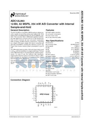 ADC12L063CIVYX datasheet - 12-Bit, 62 MSPS, 354 mW A/D Converter with Internal Sample-and-Hold