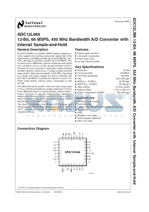 ADC12L066CIVYX datasheet - 12-Bit, 66 MSPS, 450 MHz Bandwidth A/D Converter with Internal Sample-and-Hold