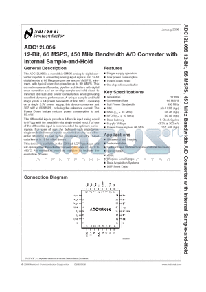 ADC12L066CIVYX datasheet - 12-Bit, 66 MSPS, 450 MHz Bandwidth A/D Converter with Internal Sample-and-Hold