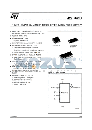 M29F040B45N1T datasheet - 4 Mbit (512Kb x8, Uniform Block) Single Supply Flash Memory