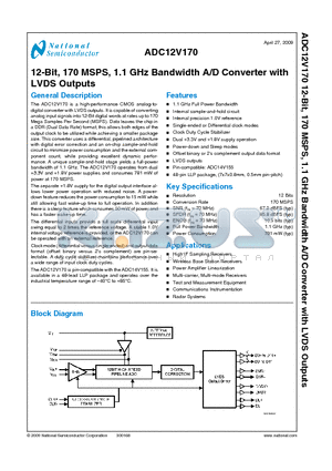 ADC12V170LFEB datasheet - 12-Bit, 170 MSPS, 1.1 GHz Bandwidth A/D Converter with LVDS Outputs