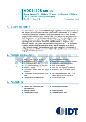 ADC1410S datasheet - Single 14-bit ADC; 65 Msps, 80 Msps, 105 Msps or 125 Msps; CMOS or LVDS DDR digital outputs