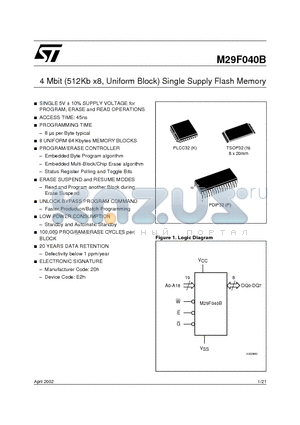 M29F040B70K3T datasheet - 4 Mbit (512Kb x8, Uniform Block) Single Supply Flash Memory