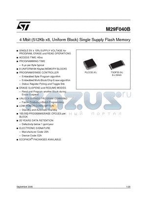 M29F04B45K3T datasheet - 4 Mbit (512Kb x8, Uniform Block) Single Supply Flash Memory