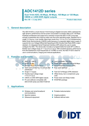 ADC1412D080HN-C1 datasheet - Dual 14-bit ADC; 65 Msps, 80 Msps, 105 Msps or 125 Msps; CMOS or LVDS DDR digital outputs