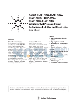 HLMP-AB87-MQ0XX datasheet - 5mm Mini Oval Precision Optical Performance Red, Blue and Green LEDs.