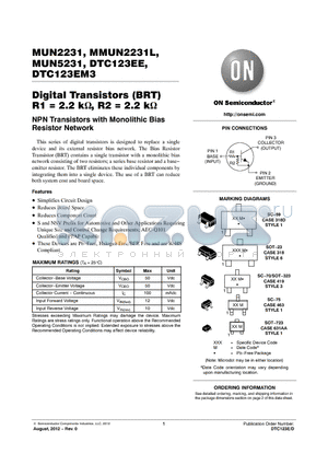 DTC123EM3 datasheet - Digital Transistors (BRT) R1 = 2.2 k, R2 = 2.2 k