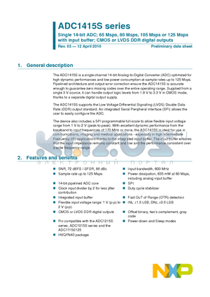 ADC1415S080HN/C1 datasheet - Single 14-bit ADC; 65 Msps, 80 Msps, 105 Msps or 125 Msps with input buffer; CMOS or LVDS DDR digital outputs