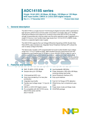 ADC1415S105HN datasheet - Single 14-bit ADC; 65 Msps, 80 Msps, 105 Msps or 125 Mspswith input buffer; CMOS or LVDS DDR digital outputs