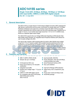 ADC1415S125HN-C1 datasheet - Single 14-bit ADC; 65 Msps, 80 Msps, 105 Msps or 125 Msps with input buffer; CMOS or LVDS DDR digital outputs