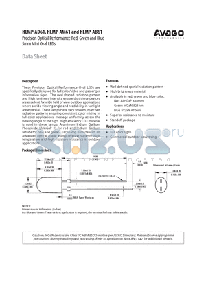 HLMP-AD61-X1TZZ datasheet - Precision Optical Performance Red, Green and Blue 5mm Mini Oval LEDs