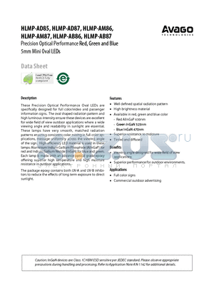 HLMP-AD87 datasheet - Precision Optical Performance Red, Green and Blue 5mm Mini Oval LEDs