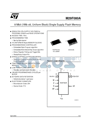 M29F080A-70M3T datasheet - 8 Mbit 1Mb x8, Uniform Block Single Supply Flash Memory