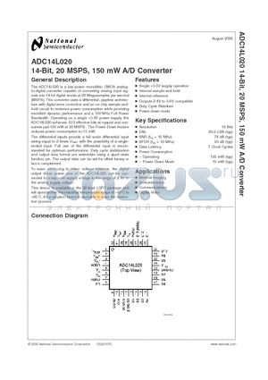 ADC14L020CIVY datasheet - 14-Bit, 20 MSPS, 150 mW A/D Converter