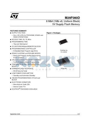 M29F080D datasheet - 8 Mbit (1Mb x8, Uniform Block) 5V Supply Flash Memory
