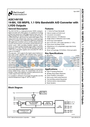 ADC14V155 datasheet - 14-Bit, 155 MSPS, 1.1 GHz Bandwidth A/D Converter with