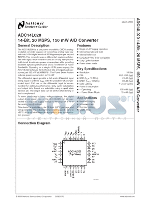 ADC14L020 datasheet - 14-Bit, 20MSPS, 150 mW A/D Converter