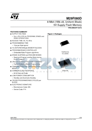 M29F080D70M1T datasheet - 8 Mbit (1Mb x8, Uniform Block) 5V Supply Flash Memory