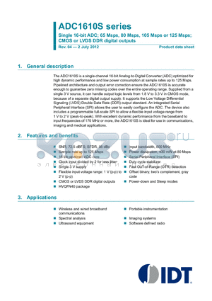 ADC1610S105HN-C1 datasheet - Single 16-bit ADC; 65 Msps, 80 Msps, 105 Msps or 125 Msps; CMOS or LVDS DDR digital outputs