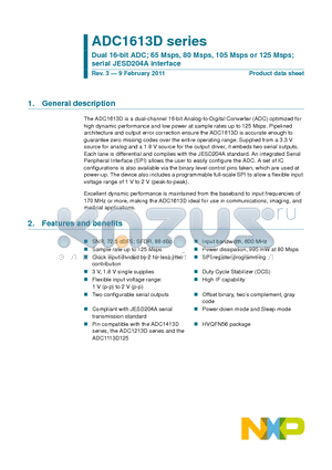 ADC1613D065HN datasheet - Dual 16-bit ADC; 65 Msps, 80 Msps, 105 Msps or 125 Msps; serial JESD204A interface