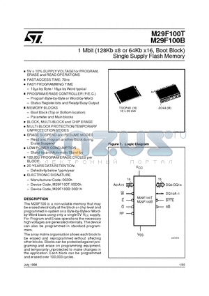 M29F100-B120N1TR datasheet - 1 Mbit 128Kb x8 or 64Kb x16, Boot Block Single Supply Flash Memory
