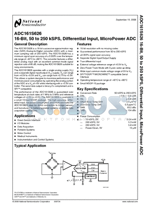 ADC161S626 datasheet - 16-Bit, 50 to 250 kSPS, Differential Input, MicroPower ADC