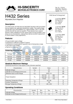 H432 datasheet - Adjustable Shunt Regulator