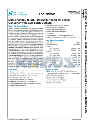 ADC16DV160 datasheet - Dual Channel, 16-Bit, 160 MSPS Analog-to-Digital Converter with DDR LVDS Outputs