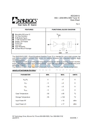 ADC20013 datasheet - 950 - 2050 MHz DBS Tuner IC