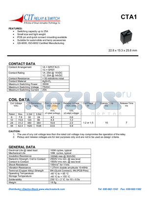 CTA11ASQ241.2 datasheet - Switch Ccapacity up to 25A, Small size and light weight, PCB pin qiock connect mounting available