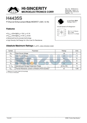 H4435S datasheet - P-Channel Enhancement-Mode MOSFET (-30V, -9.1A)