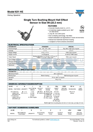 631HE0A1WA0BO10E1 datasheet - Single Turn Bushing Mount Hall Effect Sensor in Size 09 (22.2 mm)