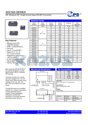 ADC307 datasheet - 2W, Miniature SIP, Single & Dual Output DC/DC Converters
