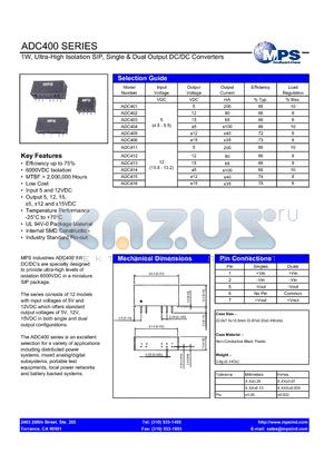 ADC400 datasheet - 1W, Ultra-High Isolation SIP, Single & Dual Output DC/DC Converters