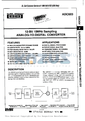 ADC603 datasheet - 12-Bit 10MHz Sampling ANALOG-TO-DIGITAL CONVERTER
